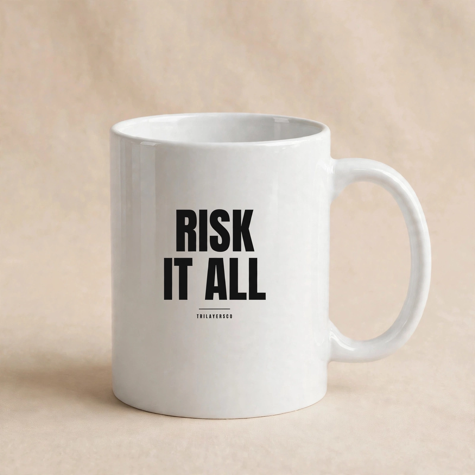 Risk It All motivational mug in the TrilayersCo collection